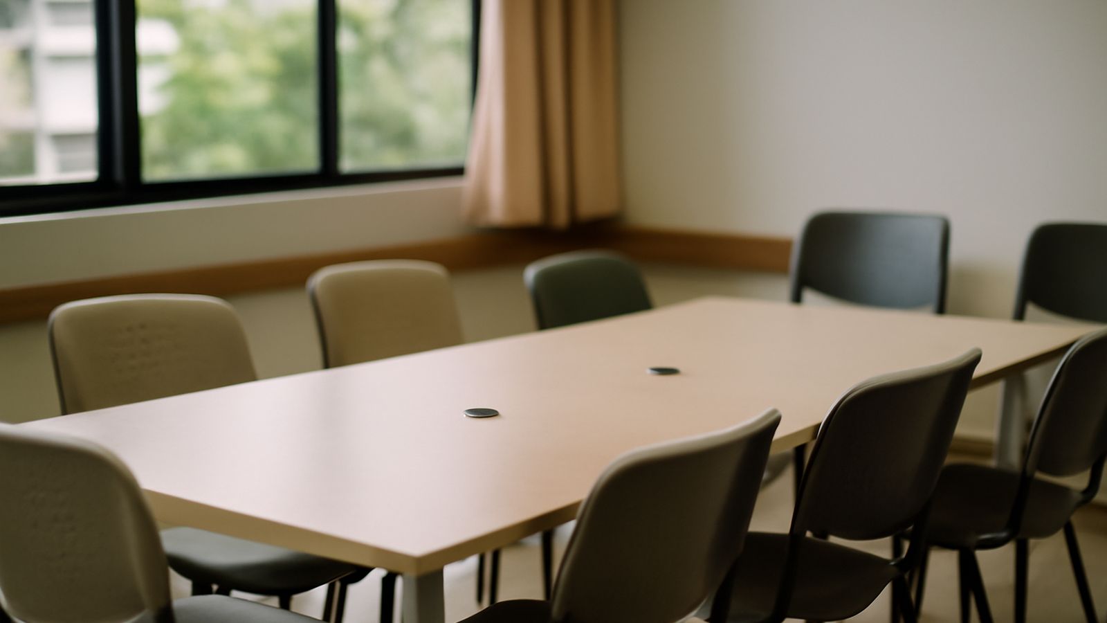 An empty meeting room with a table and chairs