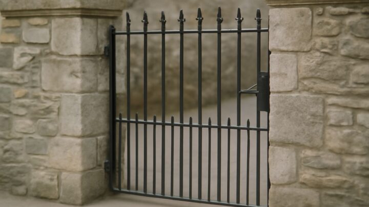 A closed iron gate set into a stone wall