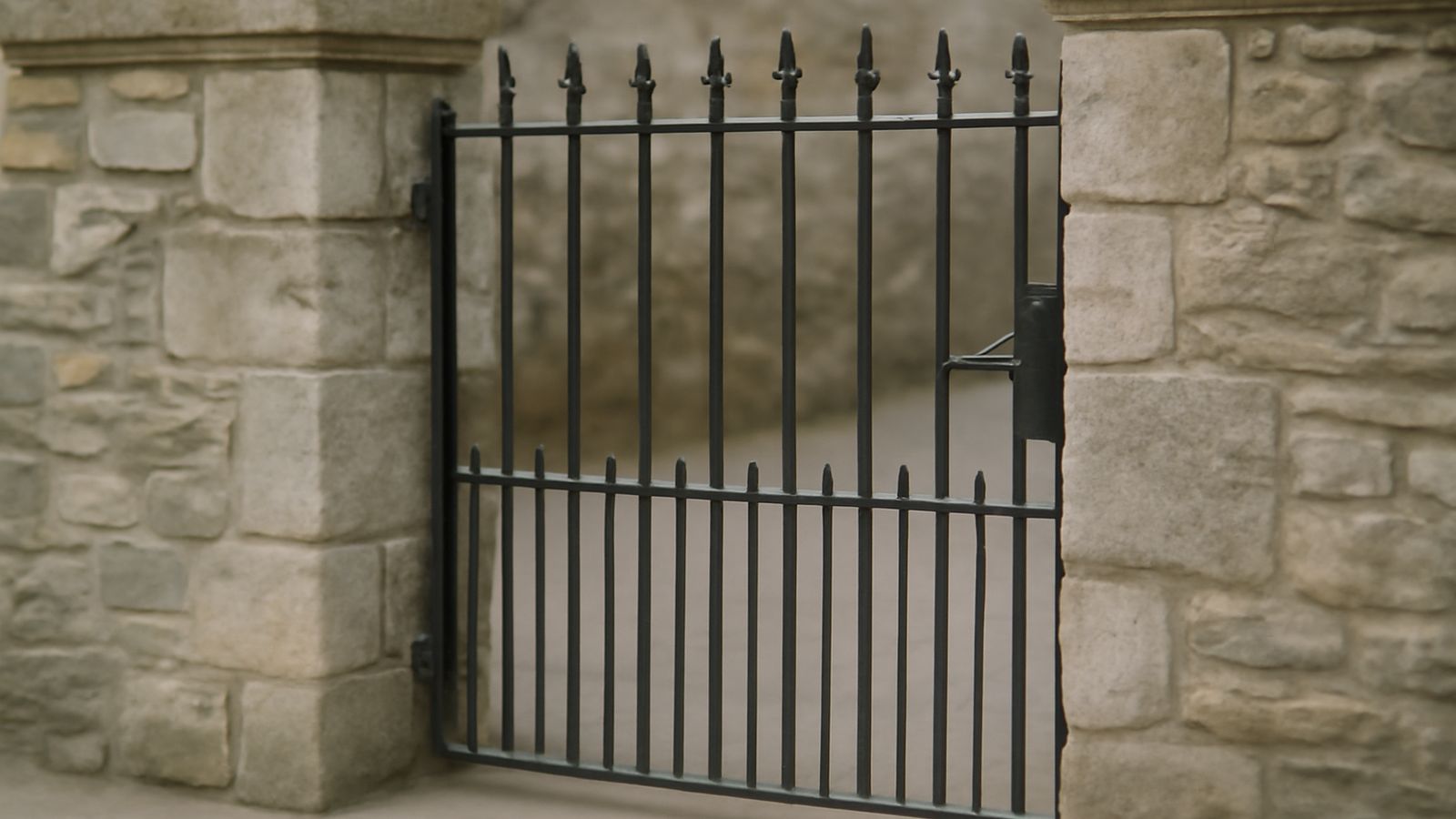 A closed iron gate set into a stone wall