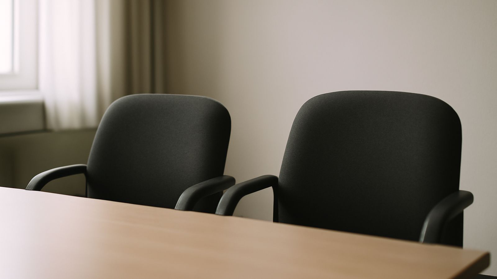 Two chairs facing each other across a table in a meeting room