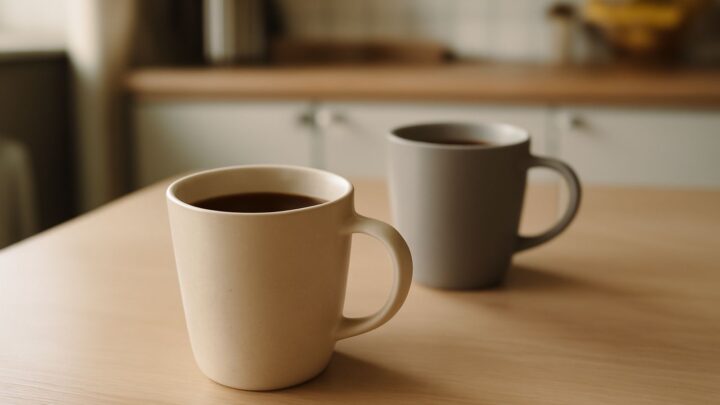 Two coffee cups on a kitchen table in morning light