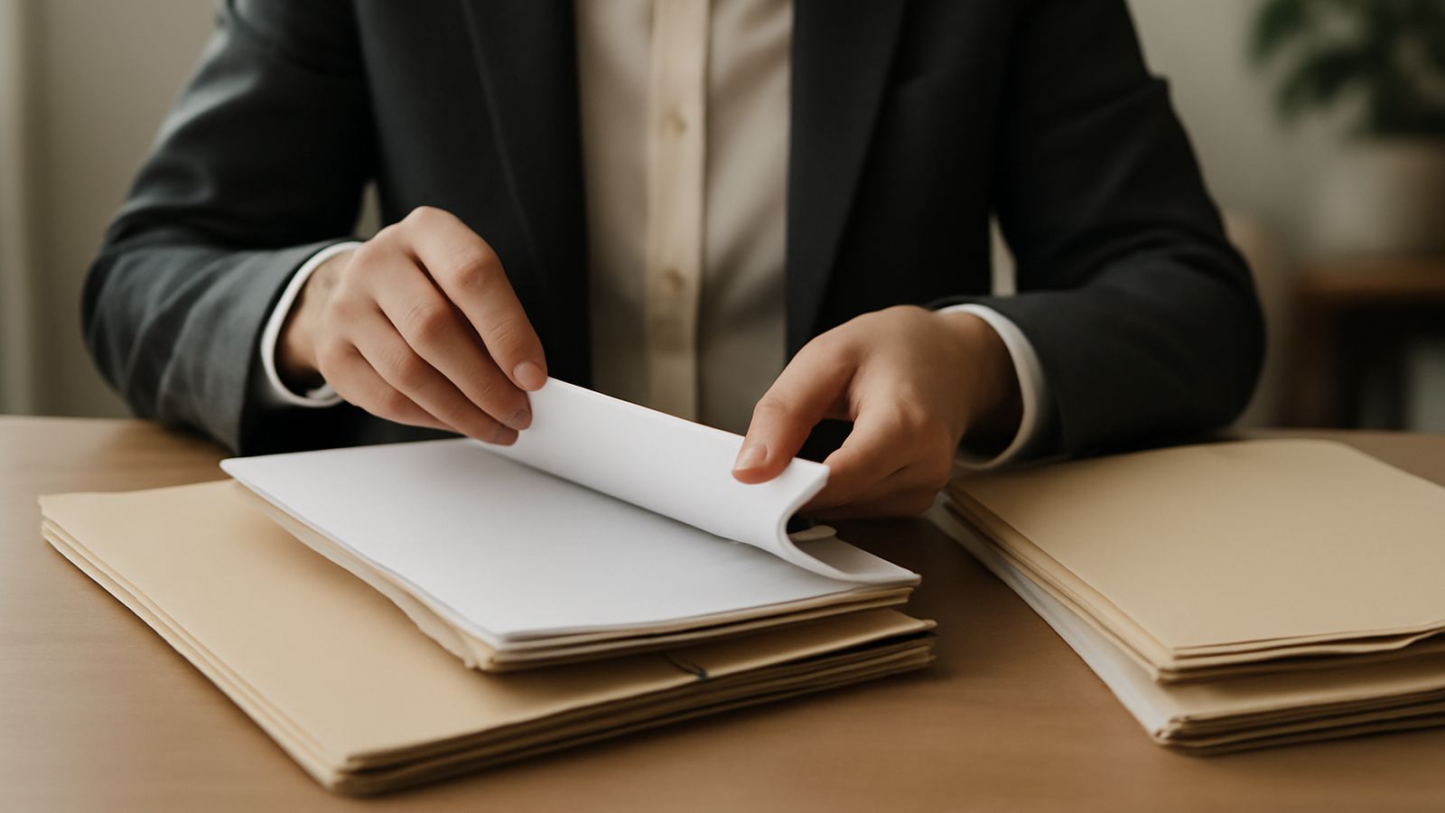 A person sorting paper documents into labelled folders on a desk
