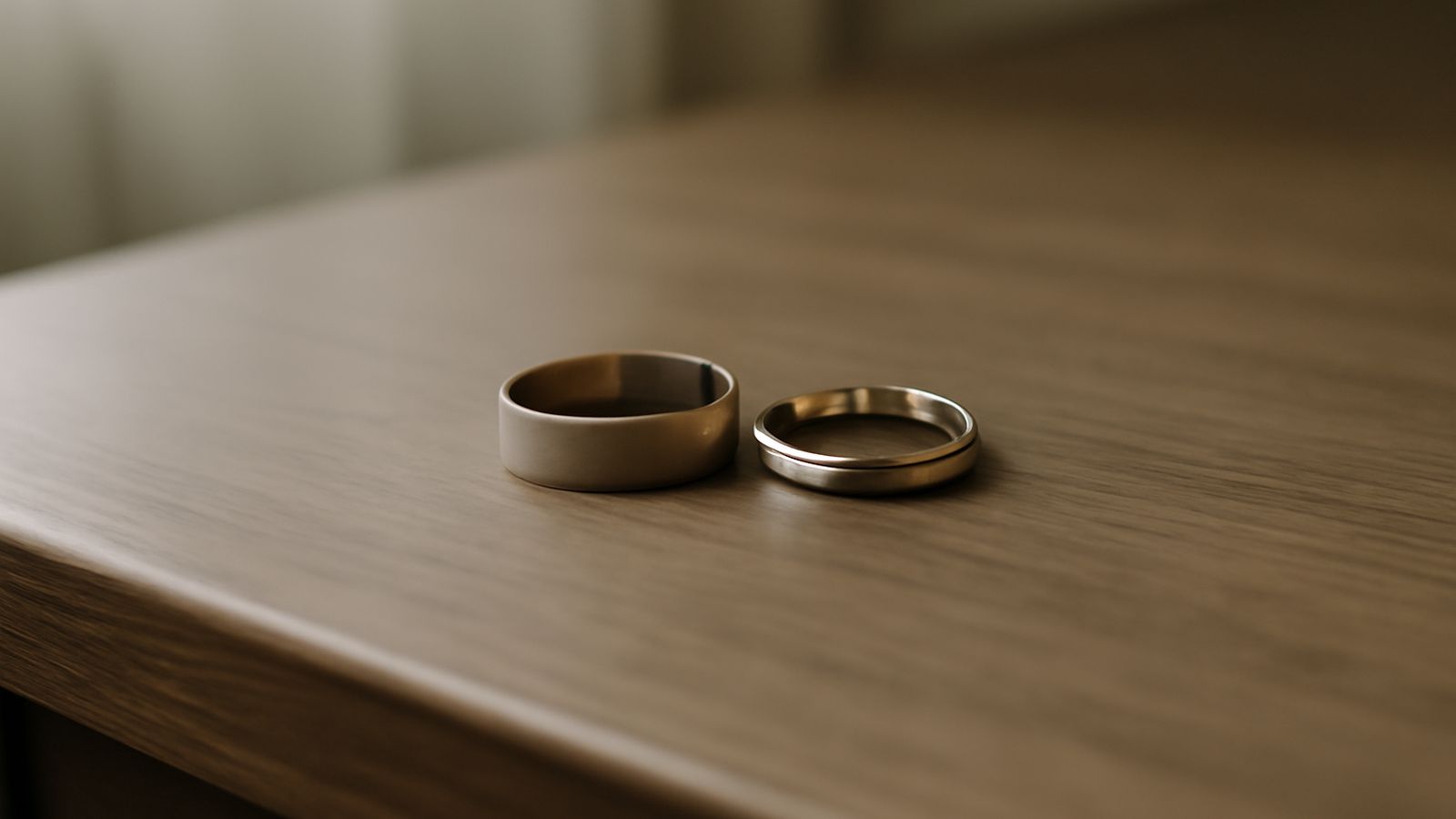 Two wedding rings resting on a wooden surface
