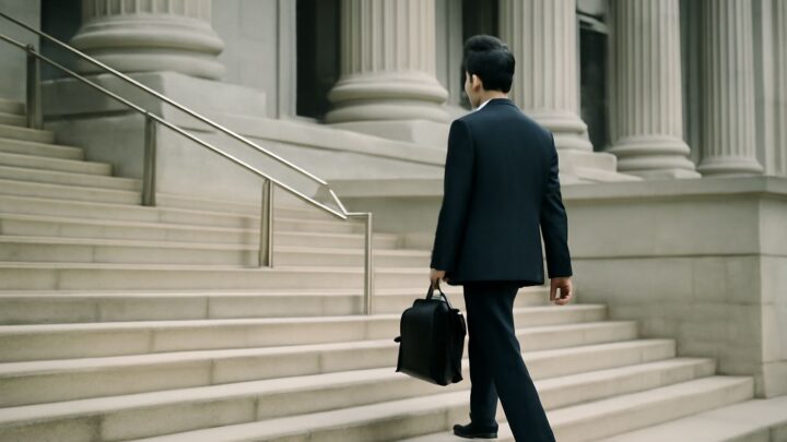 A person climbing a set of stone steps outside a public building
