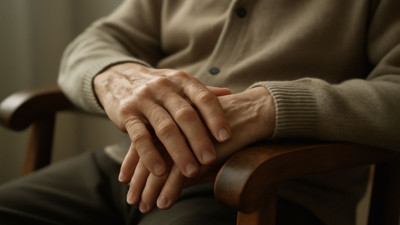 An older person's hands resting on the arm of a chair