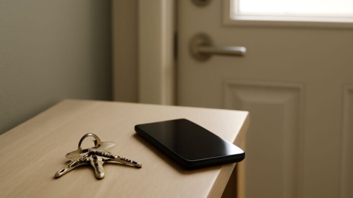 A set of keys and a mobile phone on a table near a doorway