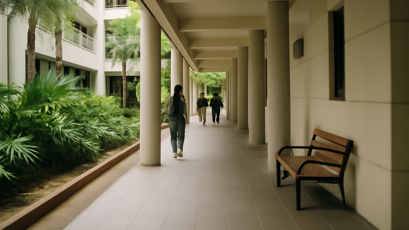 A covered walkway on a university campus in Singapore