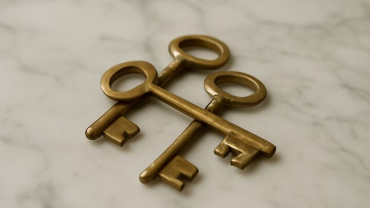 A set of brass keys resting on a marble surface