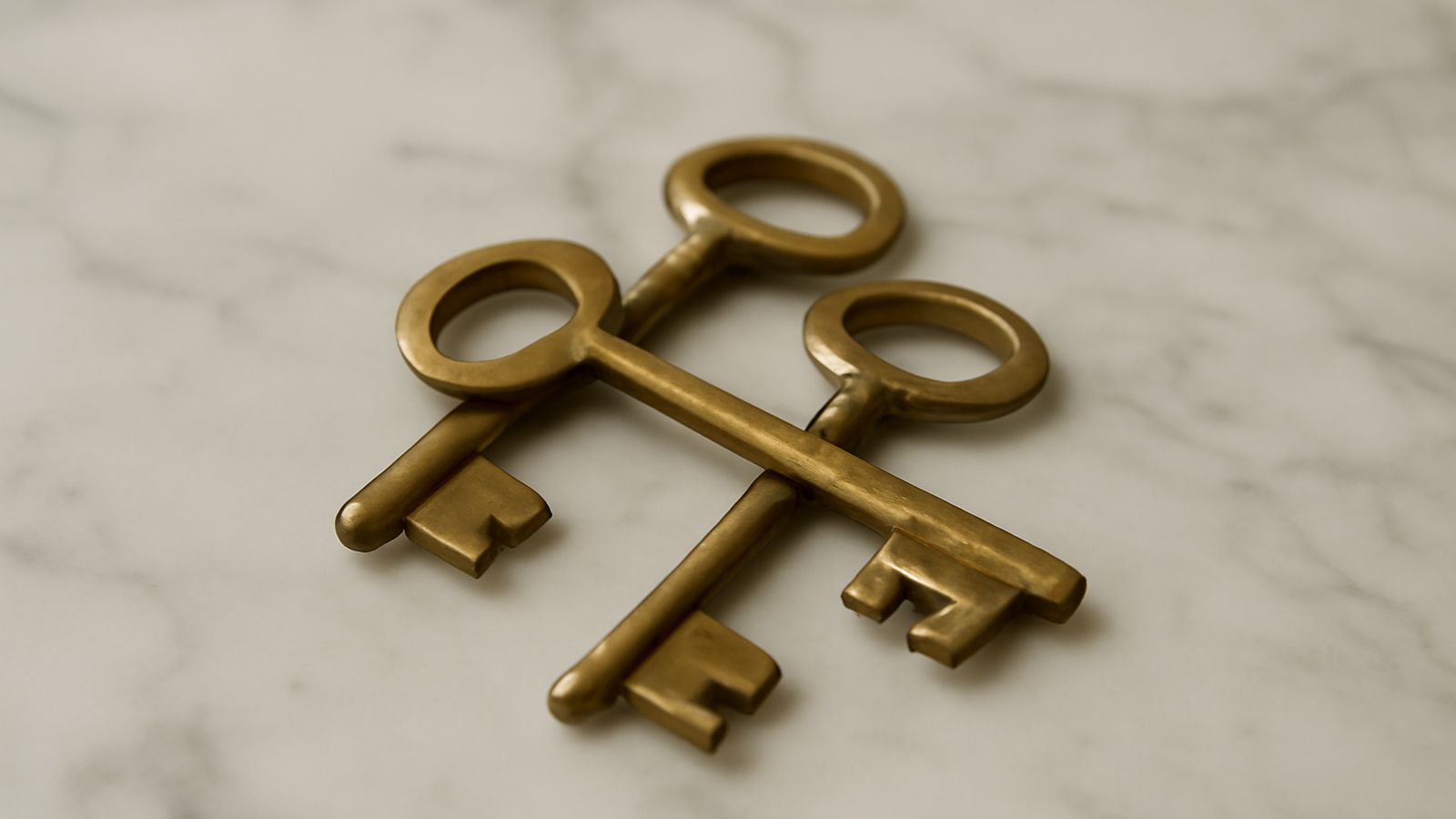 A set of brass keys resting on a marble surface
