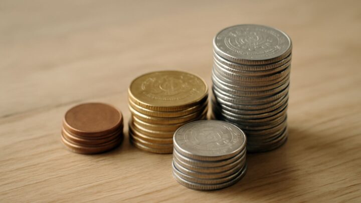 Coins stacked on a plain wooden surface