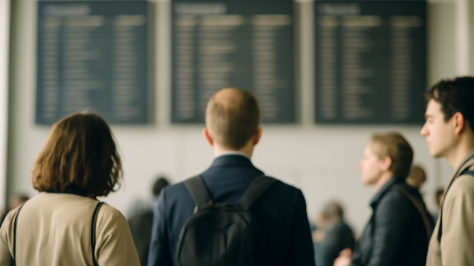 Travellers moving through an airport terminal