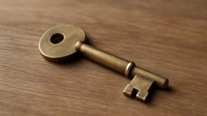 A single brass key resting on a wooden surface