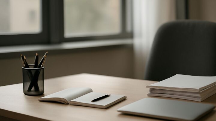 An empty office desk beside a window