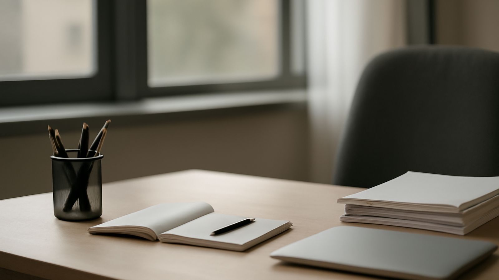 An empty office desk beside a window